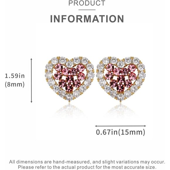 Women's Pink Clear Crystal Cute Heart Stud Gold Plated Lightweight Earrings - Picture 5 of 5